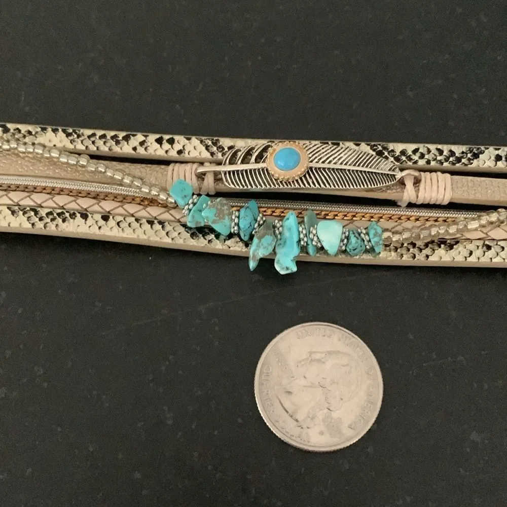 Coastal Meets Western Gold Tone Layered Cuff Bracelet with Faux Turquoise Stones